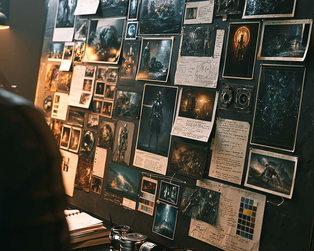 Reference board above the workstation — stills, notes and palette chips
