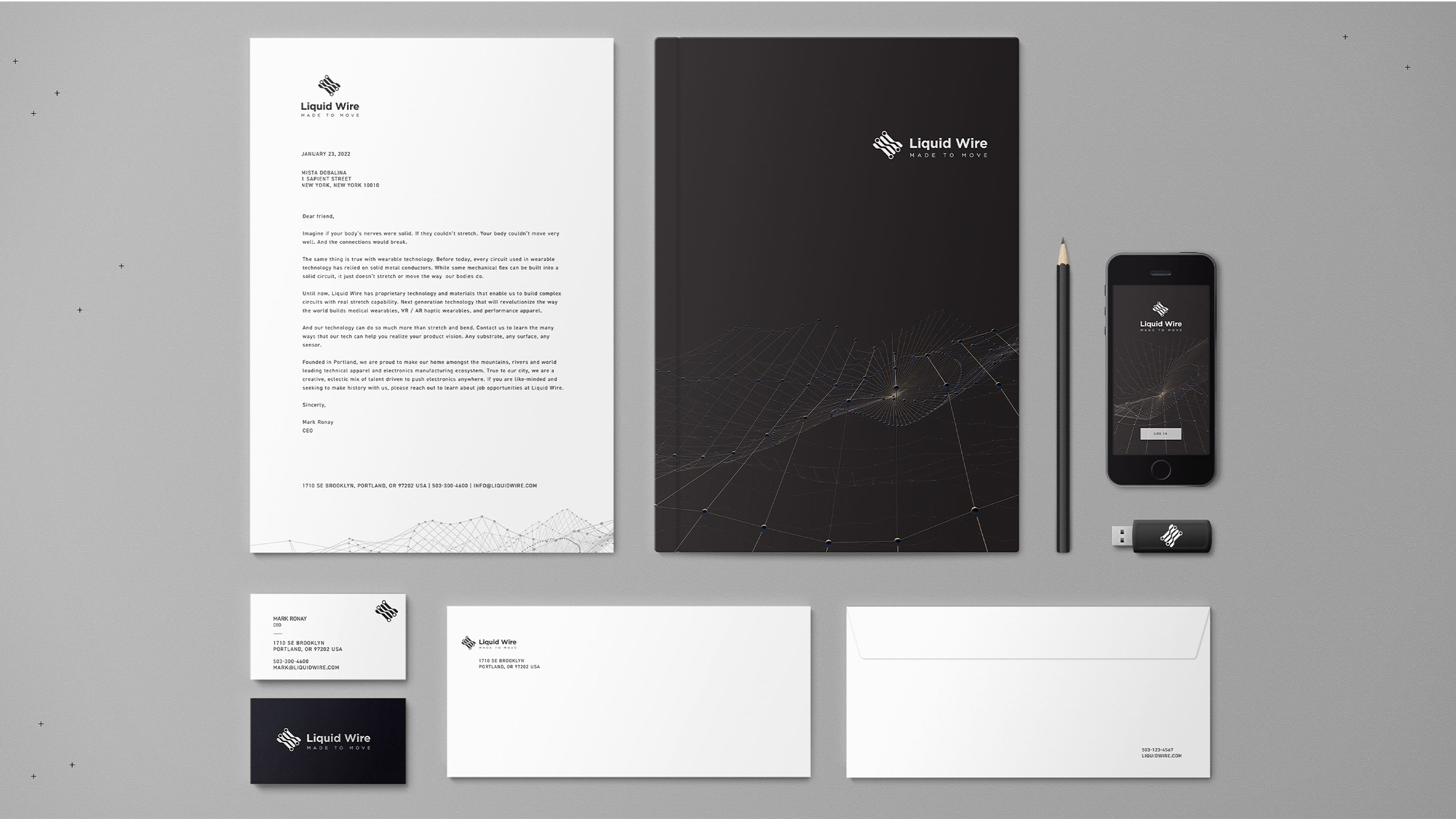Liquid Wire identity system — letterhead, folder, cards, USB