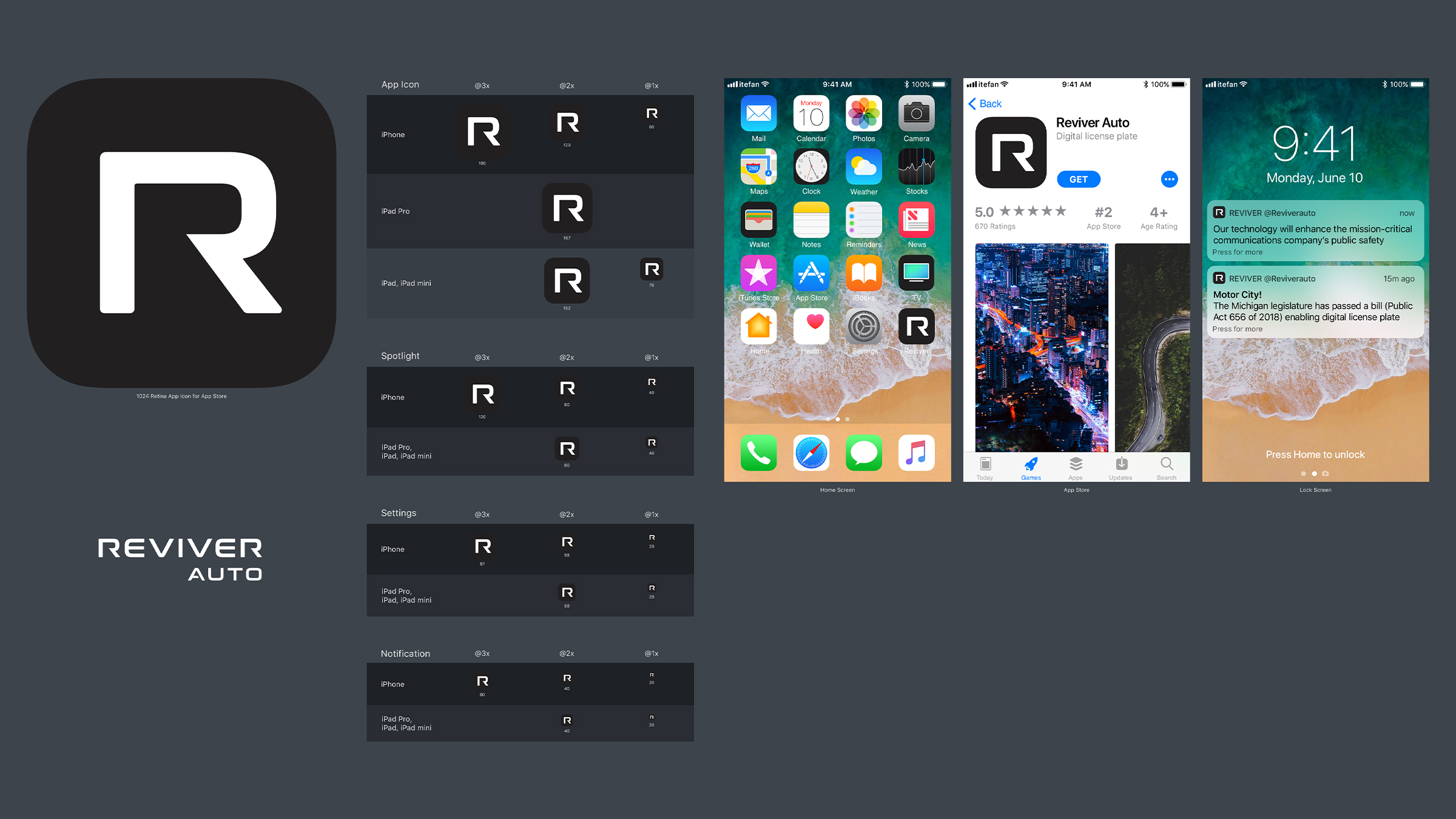Reviver app icon system across iOS sizes and screens
