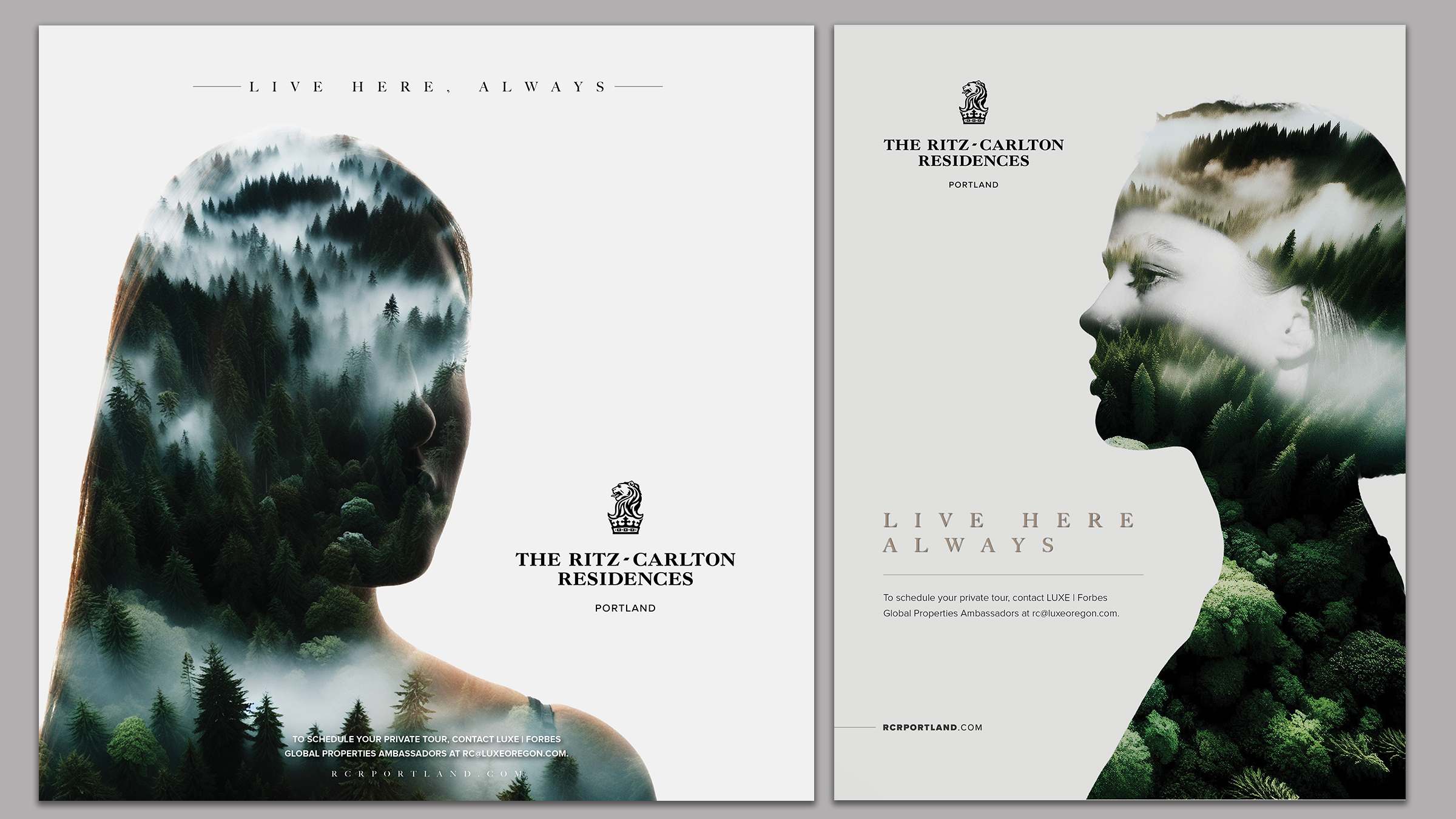 Two Ritz-Carlton Residences print advertisements with forest double exposures